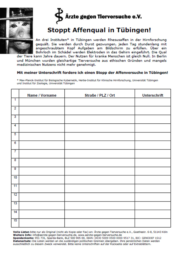Unterschriftenliste "Stoppt Affenqual in Tübingen"
